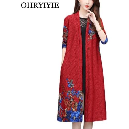 OHRYIYIE Large Size 5XL National Style Cardigan Sweater Women 2021 Spring Autumn Floral Print Knitted Sweaters Female Thick Coat