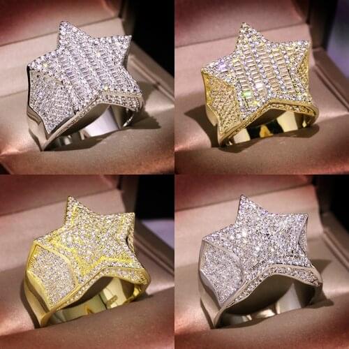 Hip Hop Five Star Rings Mens Gold Silver Color Iced Out Cubic Zirconia Jewelry Ring Gifts Couple Wedding Rings Women Jewelry