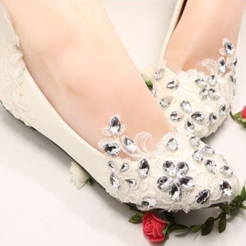 Lace crystal silver big rhinestones wedding flats shoes woman handmade lace bridal flat heel wedding shoe plus size 40 41