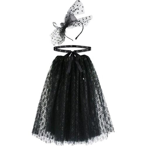 80s Costume Accessories Set, Include Black Bowknot Headband,Black Lace Skirt and Thin Waistband for Women and Girls