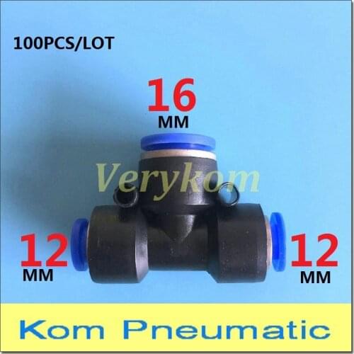 Wholesale 100pcs/lot Pneumatic Tube Hose 12mm To 16mm Pipe Unequal Enlarge Union Tee Air Fitting Quick Connector PEG 12-16-12 T