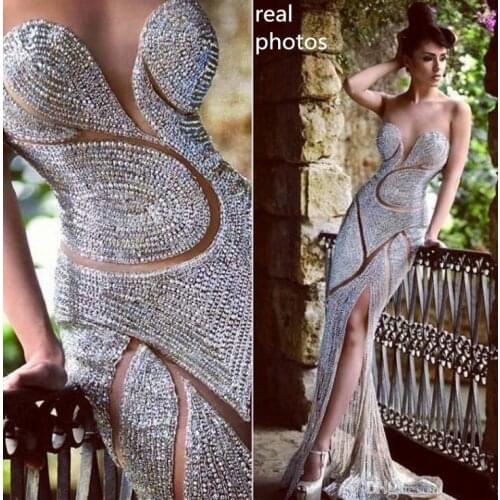 2020 Luxury Beaded Long Mermaid Evening Dresses Long High Slit Party Evening Gowns For Women Robe De Soiree Longue Real Photos