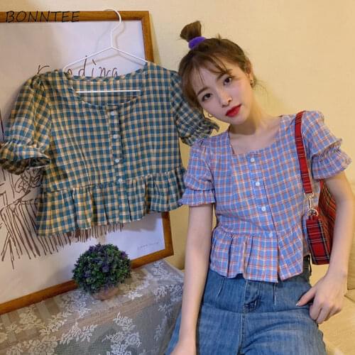 Shirts Women Plaid Loose Summer Students Fashion All-match Harajuku Crop Top Retro Ladies Daily Popular Minimalist Classic New