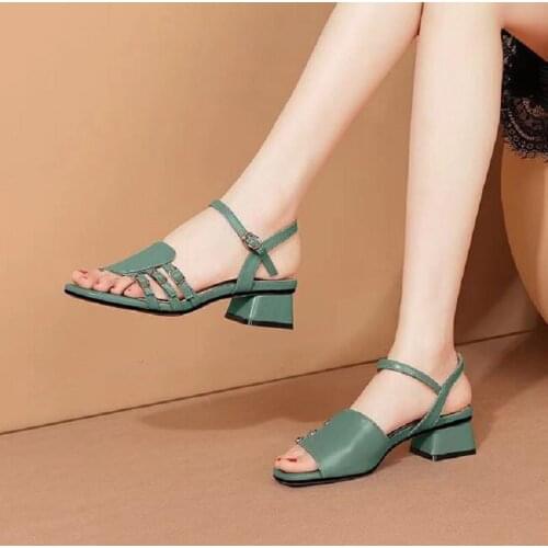 Sandales Femmes Women Fashion High Quality Green Pu Leather Open Toe Square Heel Sandals Lady Casual Sandals 2021 New