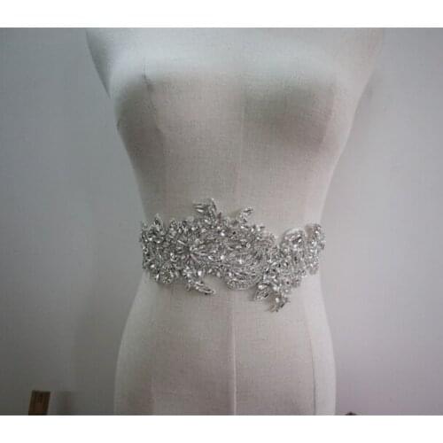 Silver rhinestone applique pair, crystal beaded lace rhinestone sash headband shoulder body back appliques dress straps