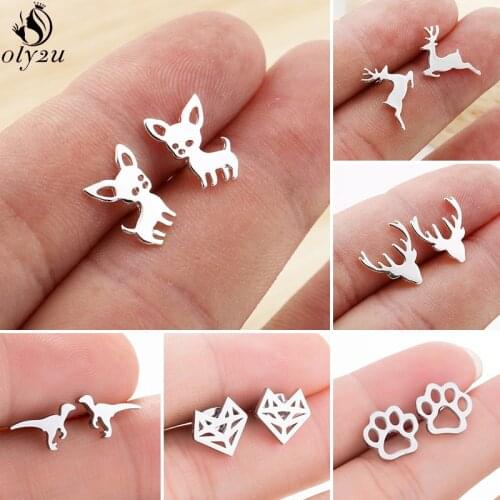 Mini Stainless Steel Earring pendientes hombre Cute Paw Deer Chihuahua Earrings Stud Women Fashion Jewelry Best Gift for Friends