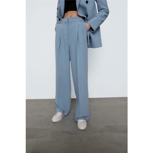 Blue Simple High Waist Suit Pants Women Solid Colors Slim Casual Office Straight Blazer Pants 2021 New Fashion Tailored Trousers