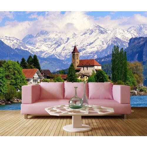 Switzerland Lake Houses Mountains city Building wallpaper,living room TV background sofa wall bedroom restaurant bar 3d mural