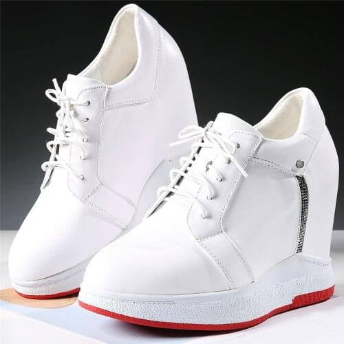 Casual Shoes Women Genuine Leather High Heel Platform Pumps Shoes Female Round Toe Fashion Sneakers Punk Wedges Motorcycle Boots