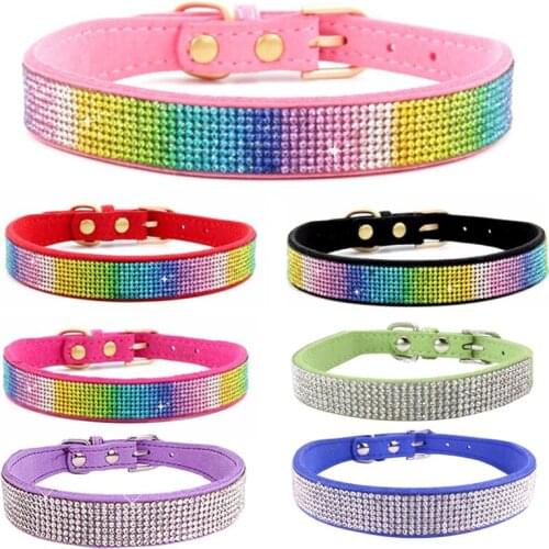 Comfortable Suede Fiber Crystal Dog Collar Glitter Rhinestone Dog Collars Zinc Alloy Buckle Collar for Small Dogs Cats XXS-XXL