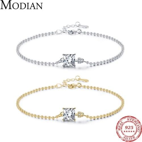 Modian Classic Square Clear CZ Bracelets Solid 925 Sterling Silver Charm Beads Chain Bracelet For Women Wedding Fine Jewelry