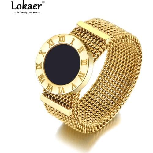 Lokaer Original Design Roman Numerals Network Chain Rings Titanium Stainless Steel Black Acrylic Wedding Rings For Women R20092