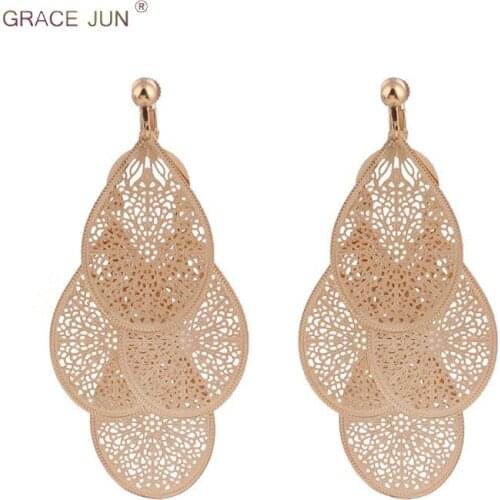 GRACE JUN New Hollow-out Pattern Leaf Gold Color Clip on Earrings No Pierced for Women Large Pierced Earrings Factory Wholesale