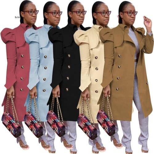 Women Double Breasted Classic Trench Coat Elegant Long Puff Sleeve Loose Long Windbreaker High Street Female Slim Outwear