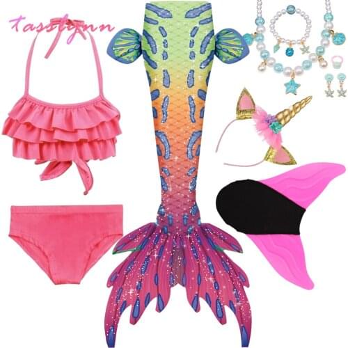 Pink Girls Swimmable Mermaid Tail Princess Dress with Monofin Kids Holiday Mermaid Cosplay Costume Birthday Mermaid Swimsuit