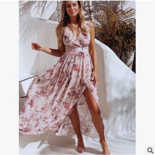 2021 New Amazon wsih European and American womens V-neck print sleeveless breast wrapped swing womens dress