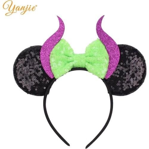 2020 New Arrival 3.3" Mouse Ears Headband Gothic Cow Hair Bows Devil Halloween Hairbands Wholesale Girls Hair Accessories