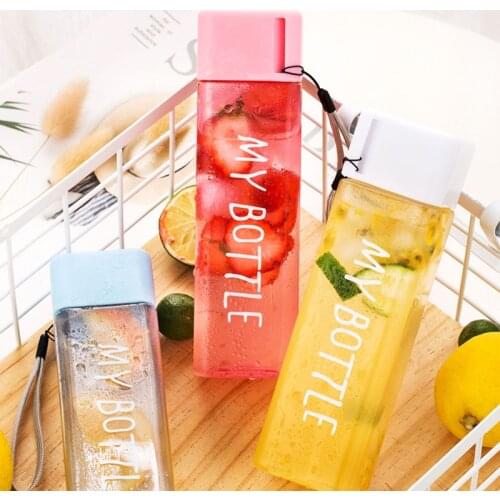 450ml Transparent Square Plastic Water Cup Outdoor Cold Juice Water Bottles GYM Tool With Portable Rope Sports Cup For Kitchen