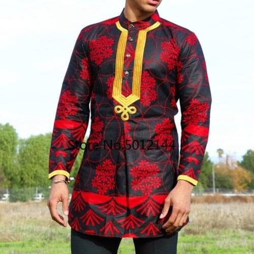 African Mens Dashiki Long Sleeve Plus Size Shirt Rich Floral Print Moslem Mens Slim Top Casual T-shirt Tradition Chilaba Man