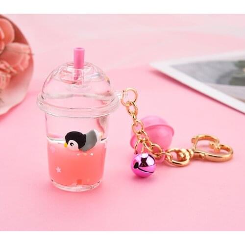 Acrylic Milk Bottle Keyring Milk Tea Cup Keychain Marine Animal Liquid Floating Key Chains Charm Bag Pendant Car Key Ring