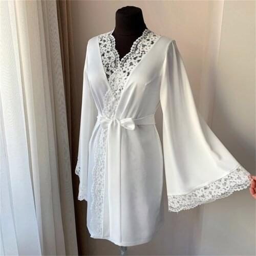 White Short Bridal Robe with Belt Lace Edge Party Dressing Gown Wedding Bathrobes Women Boudoir Sleepwear Nightgowns
