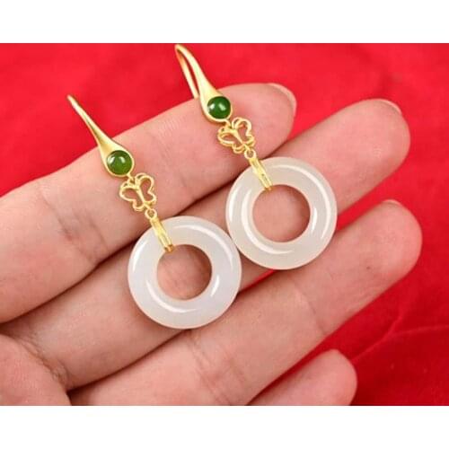 Great Value Hetian Jade Earrings S925 Pure Silver Embeded Jade Fashion Peace Buckle White Jade Female Earrings New Product Best