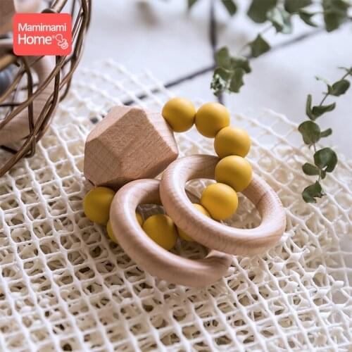 Wooden Teether for Baby Bracelets Teething Wood Rattle BPA Free Natural Wood Ring Biter Silicone Bead Children Products Toy Gift