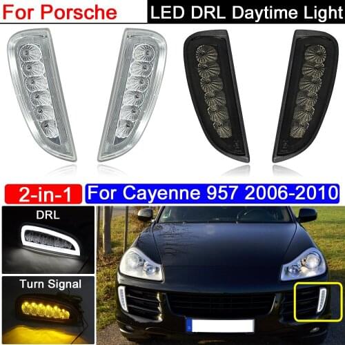 2-in-1 Front Bumper White DRL Daytime Light With Amber Turn Signal indicator Light For Porsche Cayenne 957 2006-2010