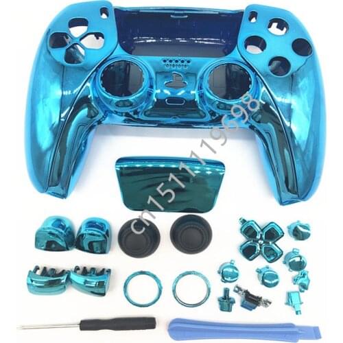 Chrome Blue Glossy Full Set Housing Shell Case For PS5 Controller Playstation 5 Gamepad Replacement Buttons Front Back Cover
