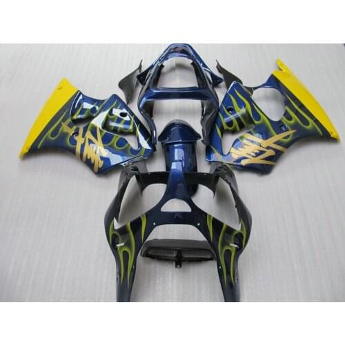Plastic fairings set for Kawasaki injection mold Fairing kit ZX 6R 2000 2001 2002 yellow flames in blue ZX6R 00 01 02 AA48