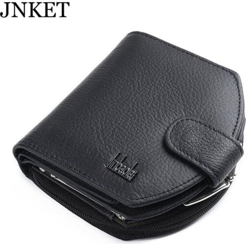 JNKET Genuine Cow Leather Men Womens Wallet Three Folds Purse Hasp Zipper Pocket Clutch Wallet Coins Purse Card Holder
