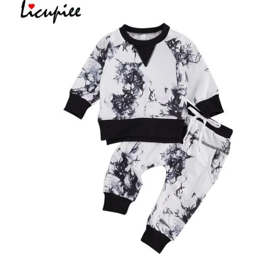 Boys Tie-dyed Two-piece Suit, Long Sleeve Round Neck Top with Elastic Long Pants for Spring and Autumn 0-24 Months