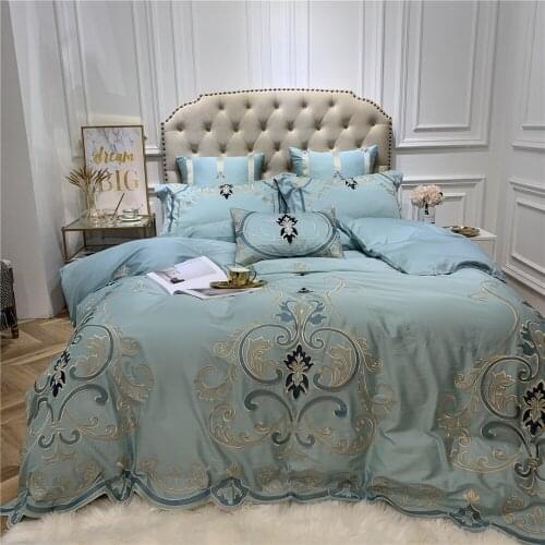 Luxyry Egyptian cotton blue Embroidery Bedding sets Queen King Tribute Silk Duvet cover Bed sheet set Pillowcases 4/6pcs