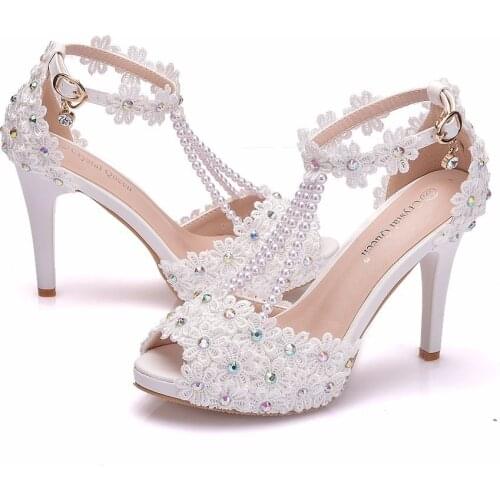 Fashion fish mouth Beaded waterproof platform high heel sandals waterproof platform sandals thin heel Lace Beaded Wedding Shoes