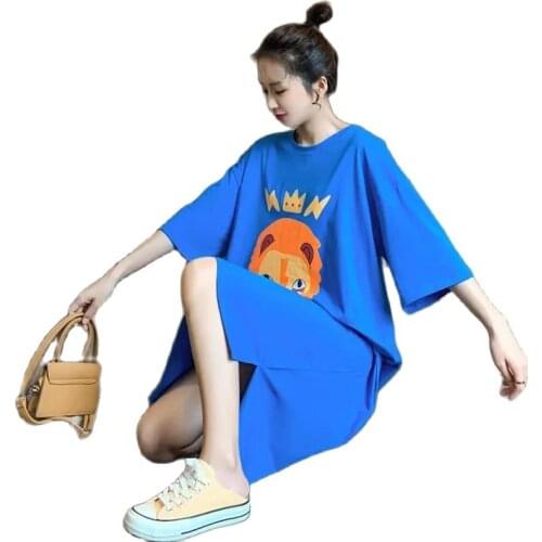 Fashion Blue Loose Short-Sleeved T-Shirt Dress Female Plus Size Summer Dress For Women 2021 Korean Version Of The New Dresses