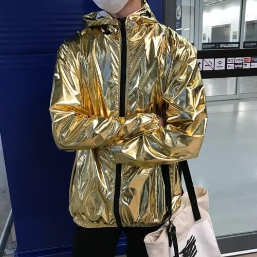Mens Glitter Sparkle Top Coat Outwear Hooded Costume Metallic Shiny Jacket Men Clothing
