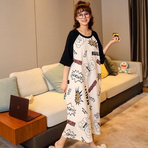 2021 Spring and Summer New Nightdress Jacquard Drawstring Combed Cotton Short Sleeve Long Nightdress Lovely Korean Home Clothes