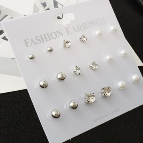 New 9 Pairs/set Crystal Simulated Pearl Stud Earrings Piercing Gold Color Fashion Earrings For Women Bijoux Jewelry Brincos
