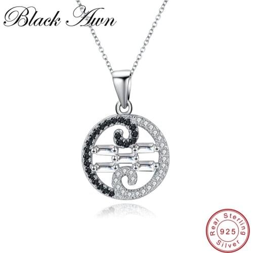 [BLACK AWN] 925 Sterling Silver Jewelry Trendy Black Spinel Necklace for Women Waves Necklaces Pendants P165
