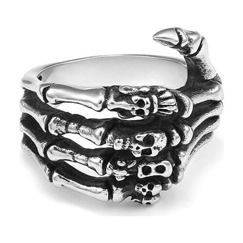 Punk Dark Skeleton Hand Bone Ring Mens and Womens Retro Hip Hop Gothic Accessories Banquet Jewelry Gifts for Halloween