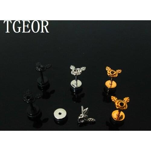 Free shipping illusion cheaters earring 1 pair 1.2*6*6/(7*8)mm Stainless Steel colors flower with leaf ear piercing fake plugs