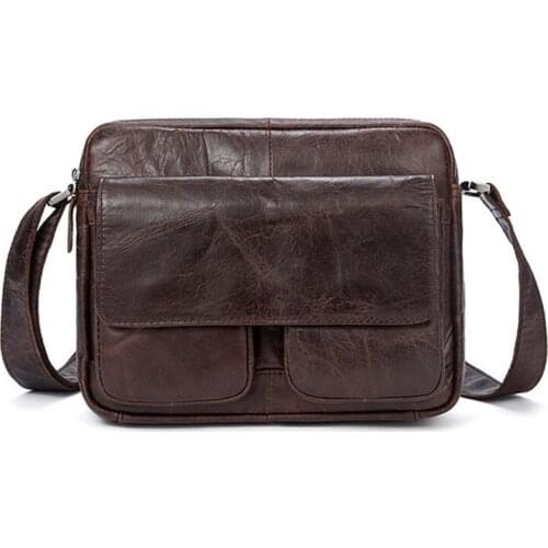 Real Cow Genuine Leather Messenger Bag Brand Casual Small Crossbody Bags Business Double Zipper Bags Male Casual Flap