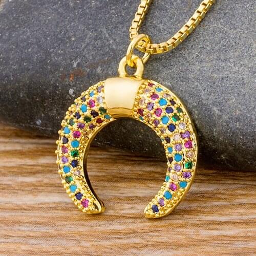 Vintage Charm Crystal Copper CZ Chain Pendant Necklace Women Gold Color Beads Moon Crescent Choker Necklaces Jewelry Gifts