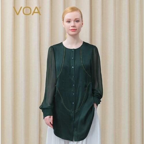 VOA Silk 40m/m Double-sided Satin Green O-Neck Perspective Long Sleeve Open Thread Decorated Straight Shirt Womens Tops BE666