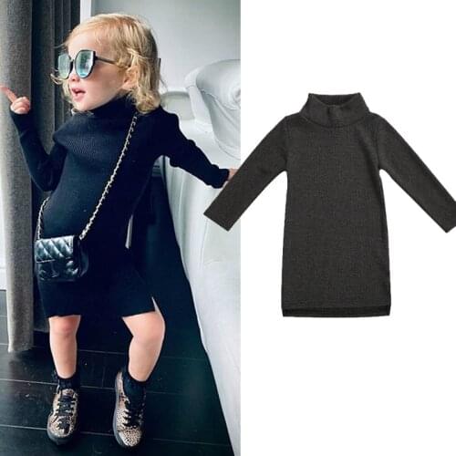 FOCUSNORM Fashion Baby Girls Sweater Dress Solid Long Sleeve Pullover Turtleneck Knee Length Straight Knit Dress