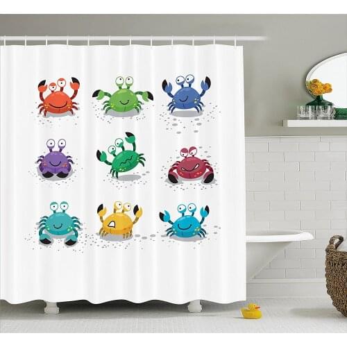 Crabs Shower Curtain Joyful Cartoon Style Colorful Crab Characters with Various Expressions and Emotions Bathroom Curtains