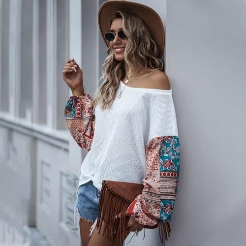Women T shirt Patchwork Loose Style O neck Bohemian Batwing Causul T shirt Long Sleeve Autumn Women Fashion Tops 2021