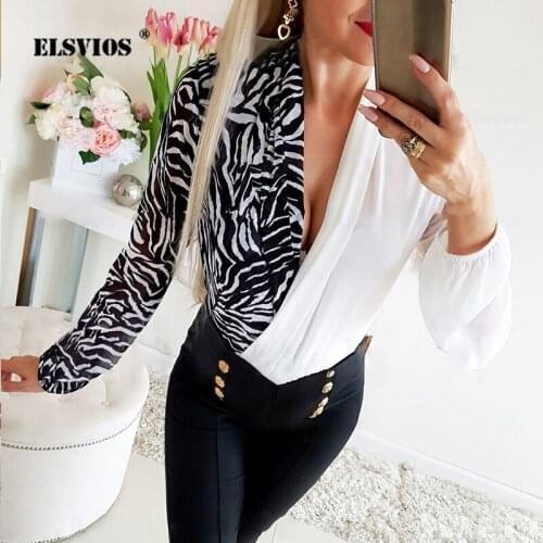 Vintage Leopard Zebra Pattern Stitching Tops Spring Summer Sexy Deep V Swing Collar Long-Sleeve Blouse Women Casual Slim Blouses