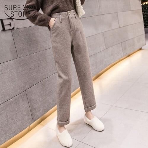 Suit Pants Women Thicken Loose Warm Pants Harem Pants Autumn and Winter Wool Button Capris Casual Female Work Trousers 7389 50