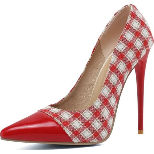 2021 New Spring Autumn Women Plaid Pumps 3~16 Size Patent Leather Patchwork Cloth Shoes Dress Party Elegant Female Stilettos